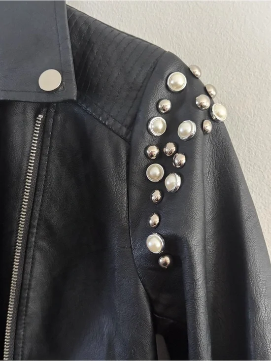 Black Stud-Embellished Faux Leather Moto Jacket - Picture 2 of 4